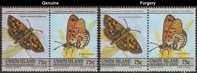Saint Vincent Union Island 1985 Butterflies Forgeries with Genuine 75c Stamp Comparison Saint Vincent Union Island 1985 Butterflies Forgeries with Genuine 75c Stamp Comparison